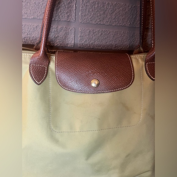 Longchamp Le Pliage Large Tote Khaki Brown Leather Nylon Bag - Picture 3 of 8
